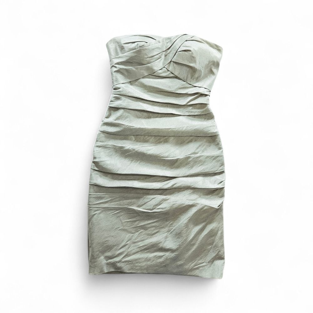 Bill Levkoff Vintage Strapless Ruched Pleated Sheath Mini Dress in Moss Green 4 - Picture 2 of 9